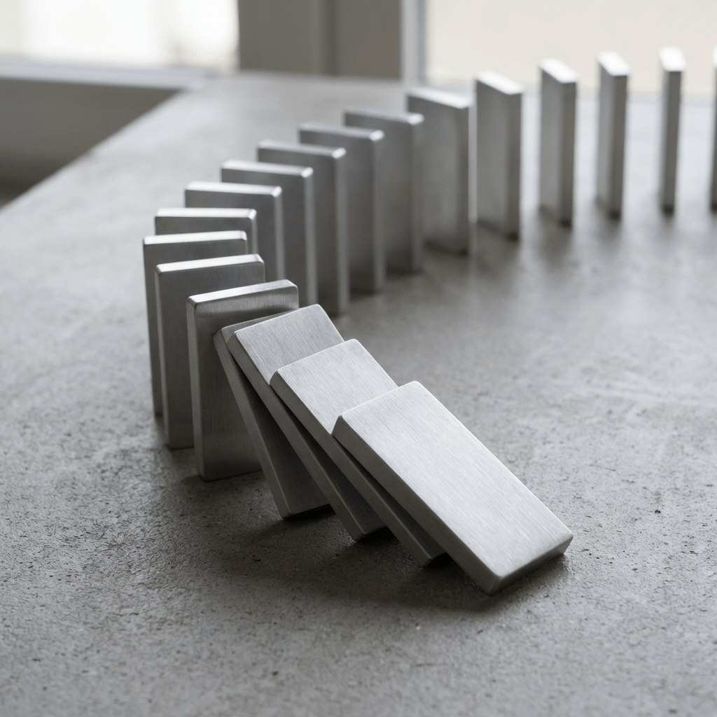 Close-up view of brushed metal domino pieces falling in a curved line